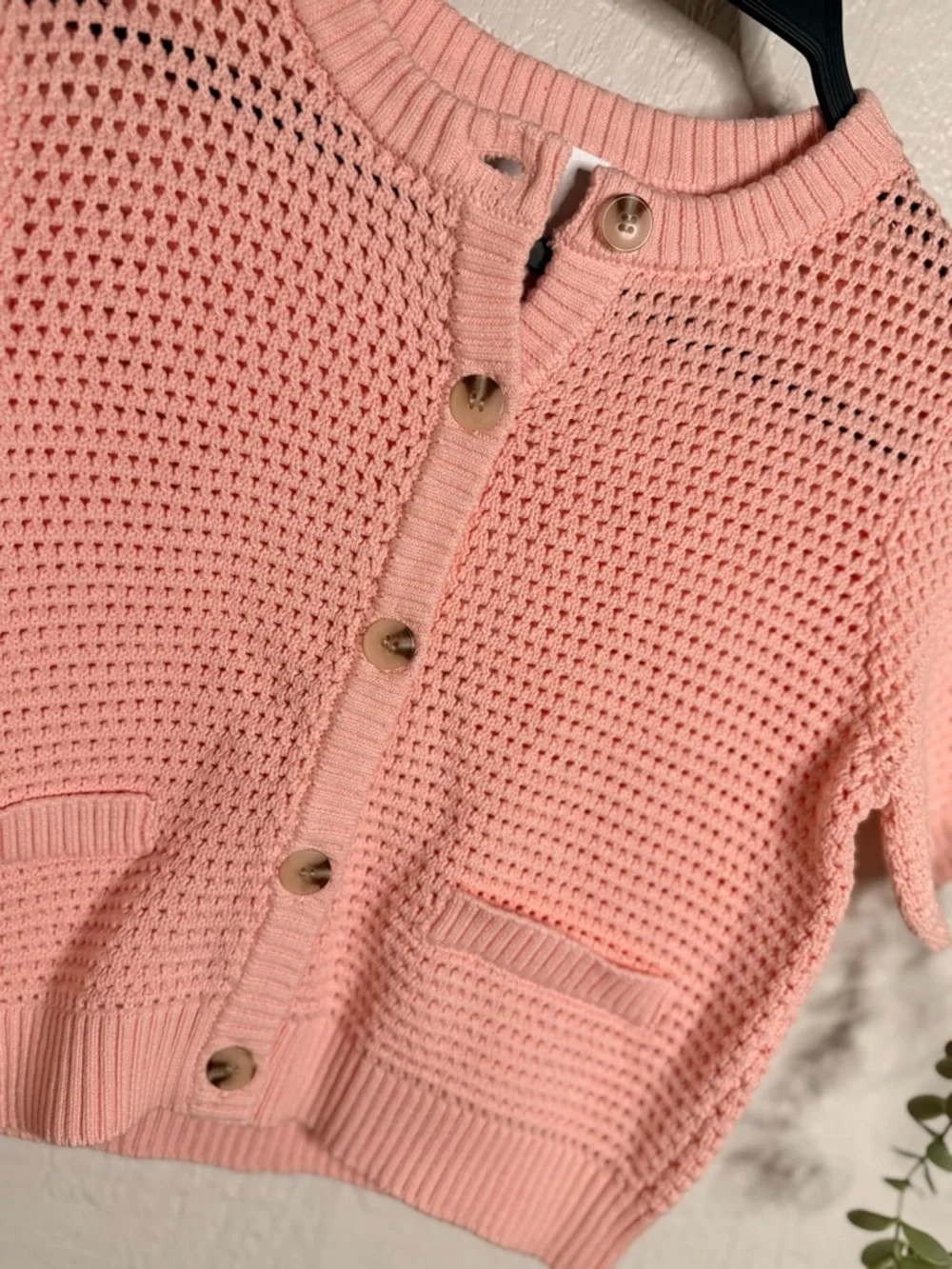 CELINE Cotton‎ Cropped Pointelle Cardigan NWOT pink salt